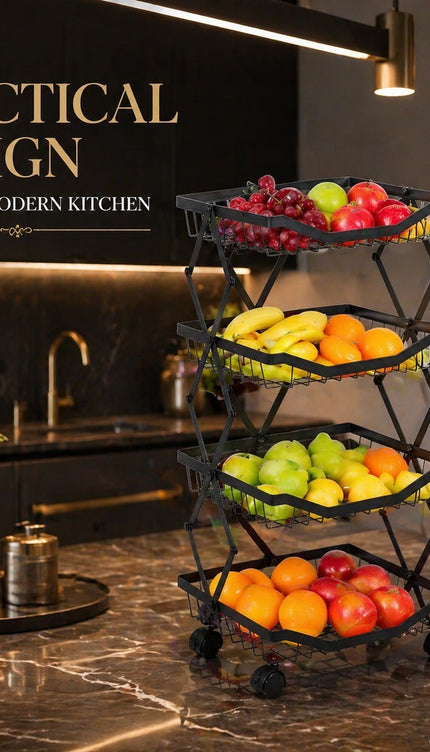 4 Tier Folding Rolling Fruit & Vegetable Storage Trolley Kitchen Cart With Wheel