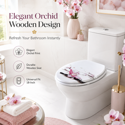 Universal Toilet Seat Wooden Orchid Design Bathroom WC Seat with Fittings 18''