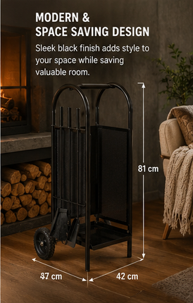 Firewood Log Cart Wheeled with 3 Tools Black Steel Fireplace Log Holder Set