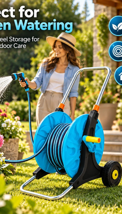 Garden Hose Reel Trolley Upto 50M Capacity Wheeled Portable Cart Spray Gun Set