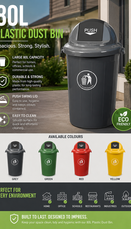80L Large Plastic Dustbin Push Flap Lid Rubbish Waste Bin Home Office Kitchen