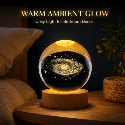 3D Engraved Galaxy Crystal Ball Night Light 6cm USB Wooden Base Warm White + RGB
