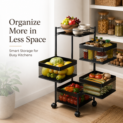 Storage Rack 5 Tier Rotating Kitchen Vegetable Trolley Cart Organizer Shelf
