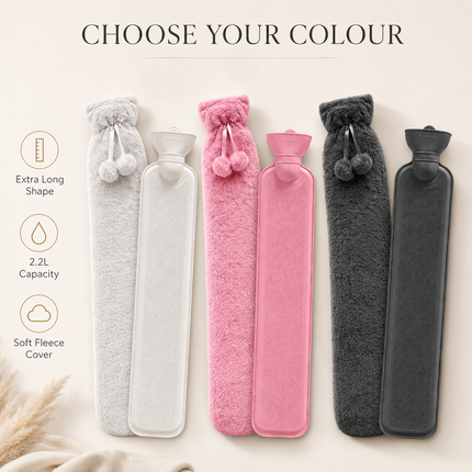 Extra Long 2.2L Hot Water Bottle with Soft Fleece Cover Neck Back Pain Relief