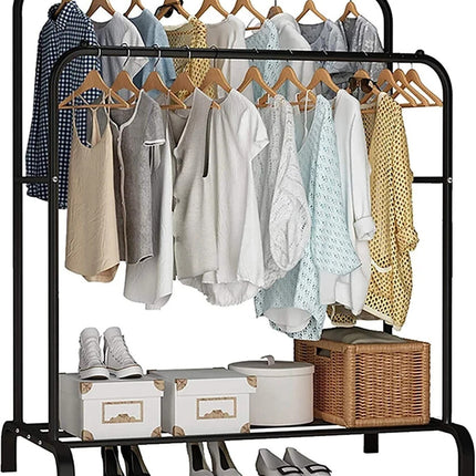 Double Clothes Rail Heavy Duty Garment Rack with Shoe Storage Display Stand