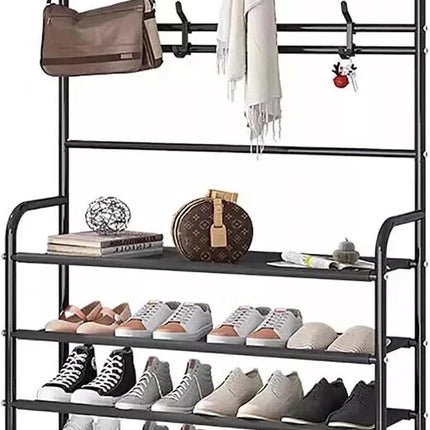 5-Tier Entryway Coat Rack Shoe Rack Storage Organizer Black Bench Home Office