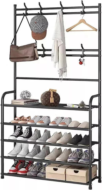 5-Tier Entryway Coat Rack Shoe Rack Storage Organizer Black Bench Home Office