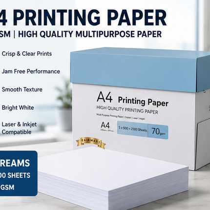 A4 Printer Paper White 70gsm 5-Ream 2500 Sheets Multipurpose Inkjet Laser Copier