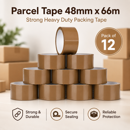 Parcel Tape 48mm X 66m Strong Heavy Duty for Secure Box Packing 12-Rolls Brown