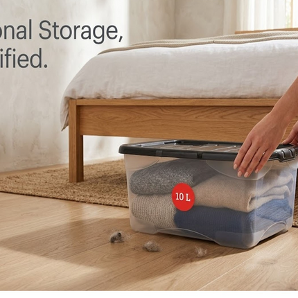 4x Curve Storage Boxes With Lid 10L Clear Plastic Home Office Underbed Organizer