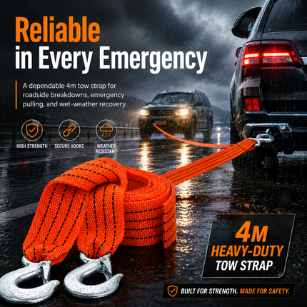 Tow Strap With Hooks 4m Heavy Duty Recovery Belt