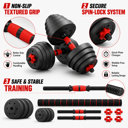 Adjustable Dumbbell Barbell Workout  50KG Weights Set  6-in-1 Home Gym