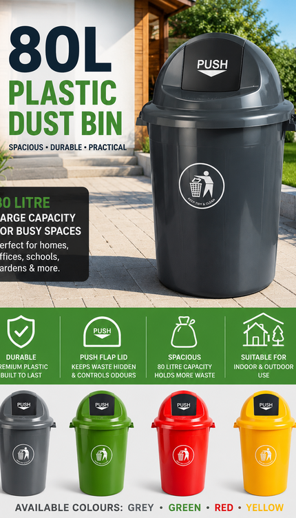80L Large Plastic Dustbin Push Flap Lid Rubbish Waste Bin Home Office Kitchen