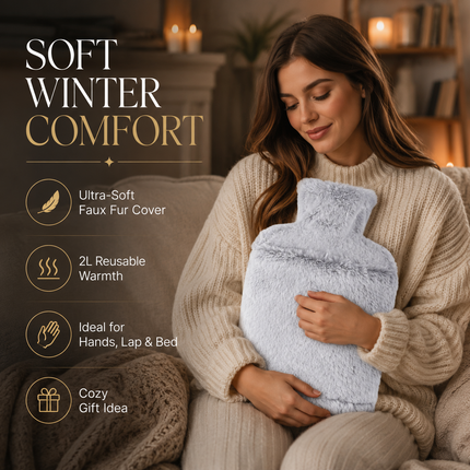 Hot Water Bottle 2L with Soft Faux Fur Cover Leakproof Winter Warmer Light Grey