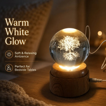 Tree of Life Crystal Ball 6cm LED Night Light Rotating Base USB Warm White + RGB