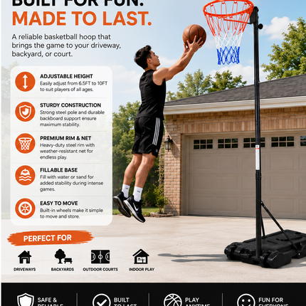 Basketball Hoop Stand 6.5-10FT Adjustable Height Portable Wheeled Base Outdoor