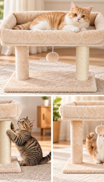 Cat Tree Scratching Post Activity Centre Plush Bed Hanging Ball Beige 50x30x41cm