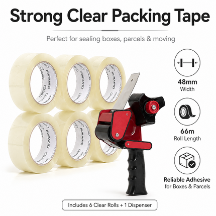 Tape Gun Dispenser with 6 Brown or Clear Packing Tape Rolls 48mm x 66m