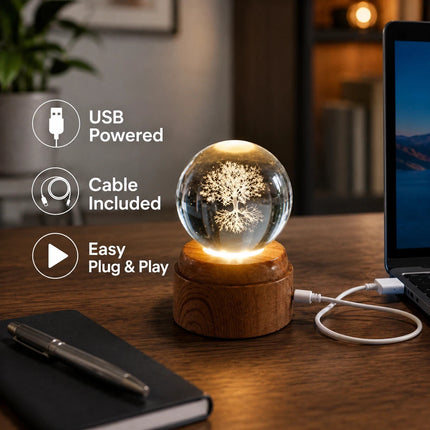 Tree of Life Crystal Ball 6cm LED Night Light Rotating Base USB Warm White + RGB