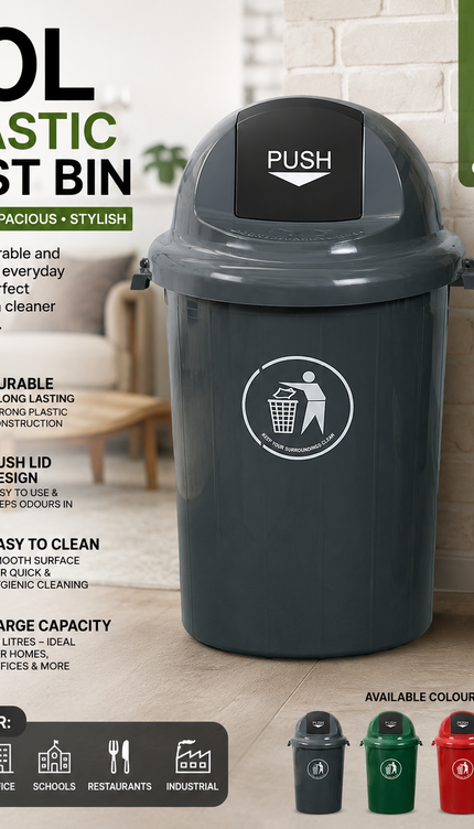 80L Large Plastic Dustbin Push Flap Lid Rubbish Waste Bin Home Office Kitchen
