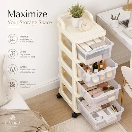 4 Tier Storage Trolley Drawers With Wheels Plastic Office Desk Home Organiser