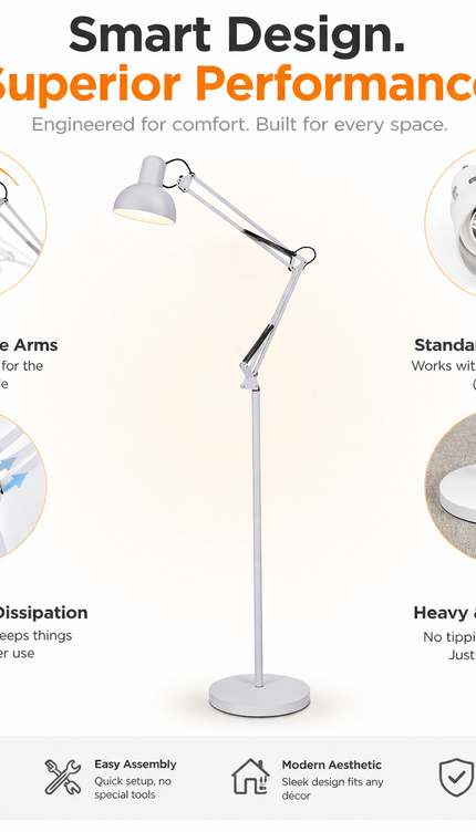 Modern Metal Floor Lamp Flexible Swing Arms Reading Floor Adjustable Swing Light