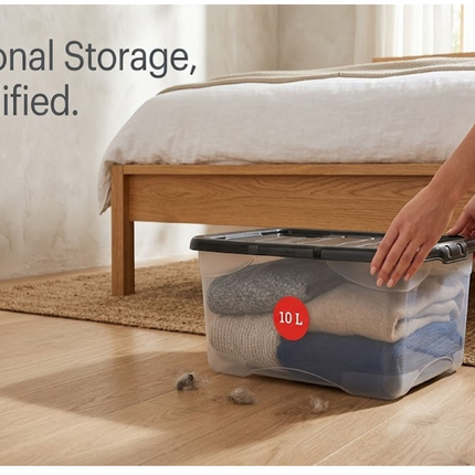 Curve Storage Box With Lid 10 Liters Clear Plastic Underbed Home Organizer Box