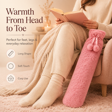 Extra Long 2.2L Hot Water Bottle Soft Fleece Cover Neck Back Pain Relief - Pink