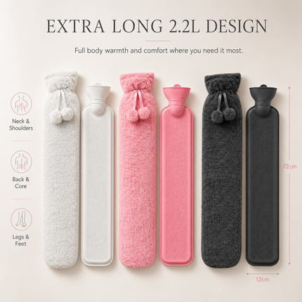 Extra Long 2.2L Hot Water Bottle with Soft Fleece Cover Neck Back Pain Relief