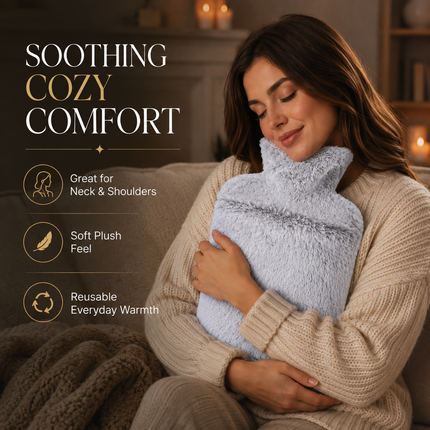 Hot Water Bottle 2L with Soft Faux Fur Cover Leakproof Winter Warmer Light Grey
