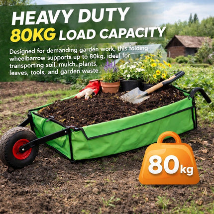 Folding Wheelbarrow Garden Cart Collapsible Fabric Yard Trolley 80KG Capacity