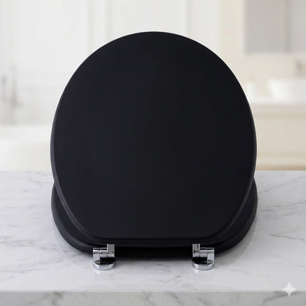 Universal Toilet Seat Jet Black Wooden MDF Bathroom WC Easy Fit With Fittings