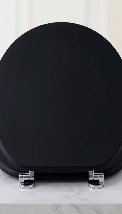 Universal Toilet Seat Jet Black Wooden MDF Bathroom WC Easy Fit With Fittings