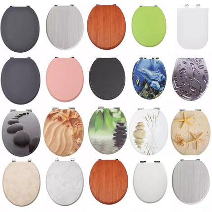 18" Universal Toilet Seat MDF Wooden Bathroom WC Easy Fit + Fittings Novelty