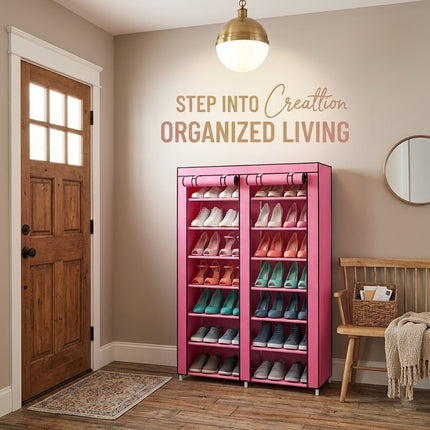 6 Tier Shoe Rack Pink Fabric Canvas Shelf Storage Cabinet Organiser 107 x 102cm