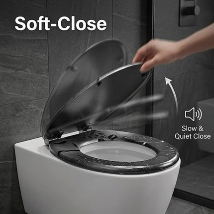 18" Universal Toilet Seat Black Water Droplets Easy Fit Wooden Bathroom WC Seat