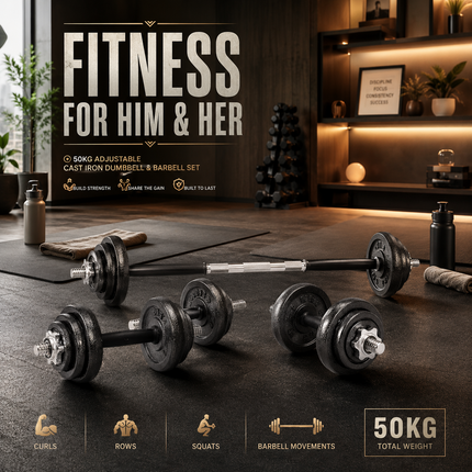 Cast Iron Dumbbell & Barbell Set – 50kg