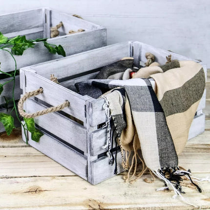 Wooden Storage Crates Set of 3 Bushel Box With Rope Handles Grey Vintage Basket