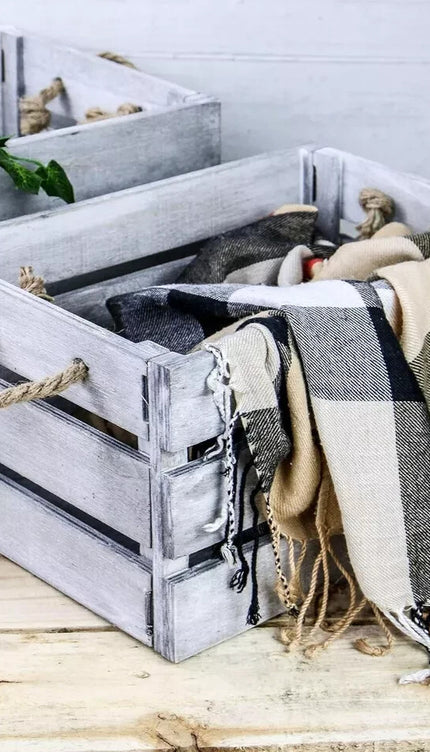 Wooden Storage Crates Set of 3 Bushel Box With Rope Handles Grey Vintage Basket