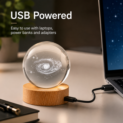 Galaxy Crystal Ball Night Light 8cm 3D Engraved - Wooden Base Warm White + RGB