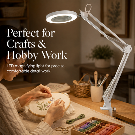 3X Magnifying Desk Lamp LED Light Dimmable 3 Light Colour Step Dimming Swing Arm