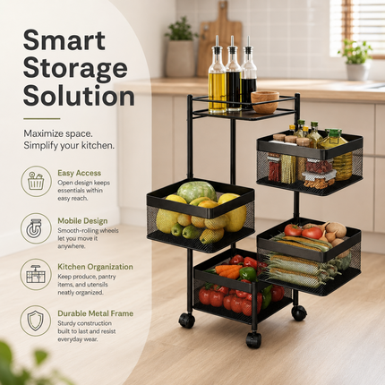 Storage Rack 5 Tier Rotating Kitchen Vegetable Trolley Cart Organizer Shelf