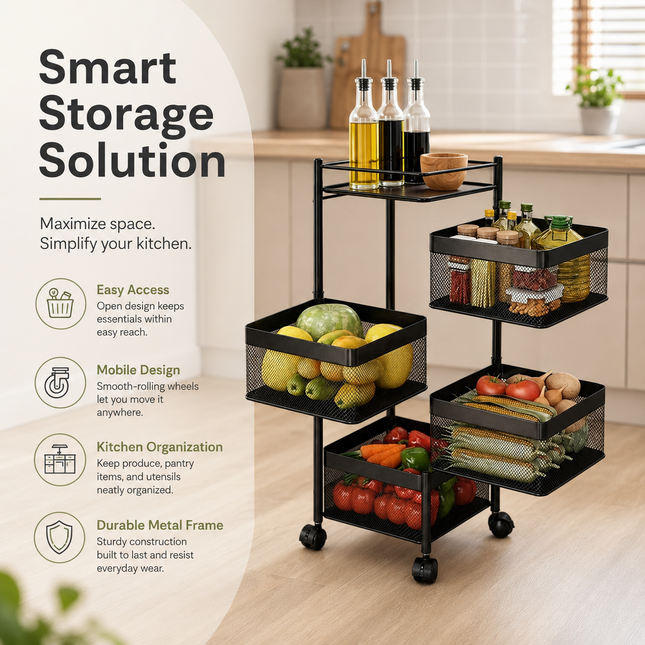 Storage Rack 5 Tier Rotating Kitchen Vegetable Trolley Cart Organizer Shelf