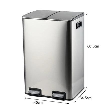 40L Pedal Bin Stainless Steel 2x20L Double Compartment Home Office Waste Can