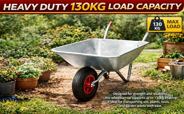 Wheelbarrow Home Garden Cart Galvanised Metal with Pneumatic Tyre Silver 130kg
