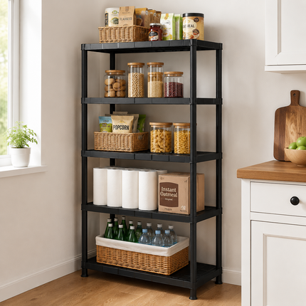5-Tier Plastic Storage Shelf Rack Black - Home Garage Organizer
