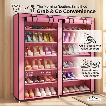 6 Tier Shoe Rack Pink Fabric Canvas Shelf Storage Cabinet Organiser 107 x 102cm