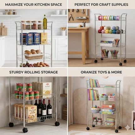 4 Tier  Vegetable & Fruit Trolley Basket Chrome Kitchen Storage Rack With Wheels
