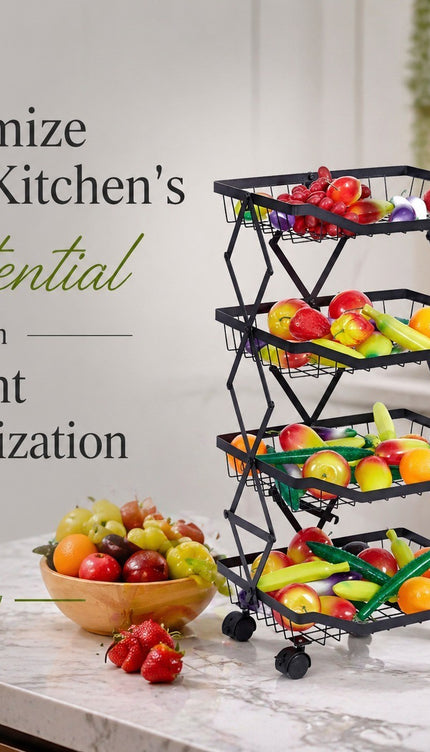 4 Tier Folding Rolling Fruit & Vegetable Storage Trolley Kitchen Cart With Wheel