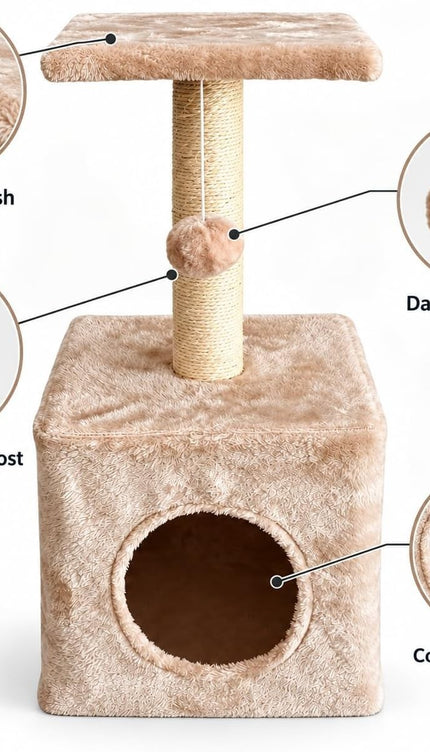 Cat Tree Scratching Post 65cm Condo Hanging Ball Kitten Activity Centre Beige